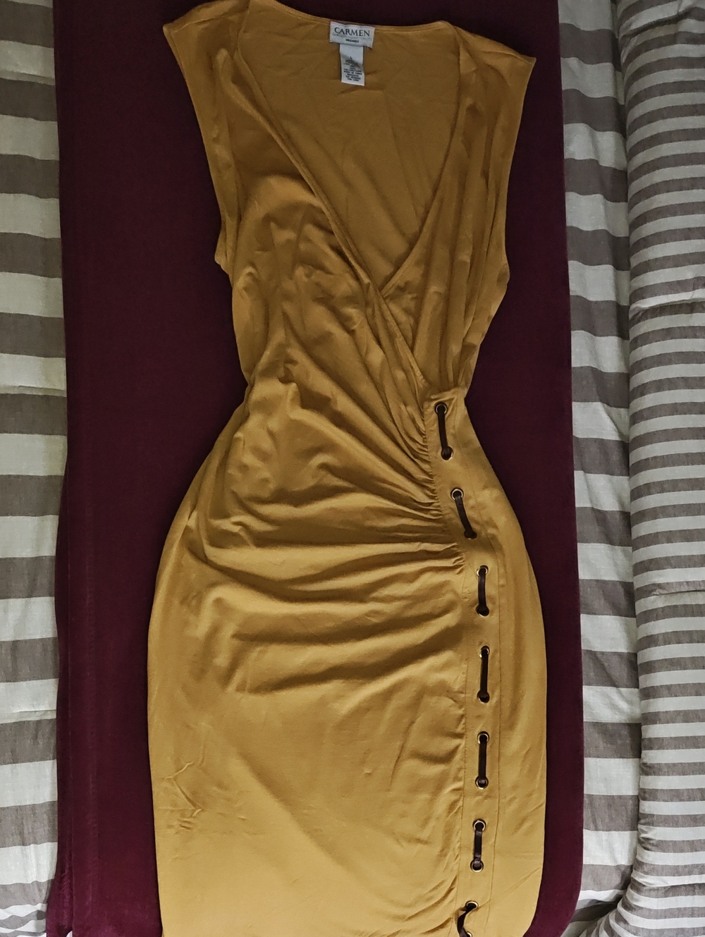 Carmen Marc Valvo Mustard Wrap-Style Midi Dress